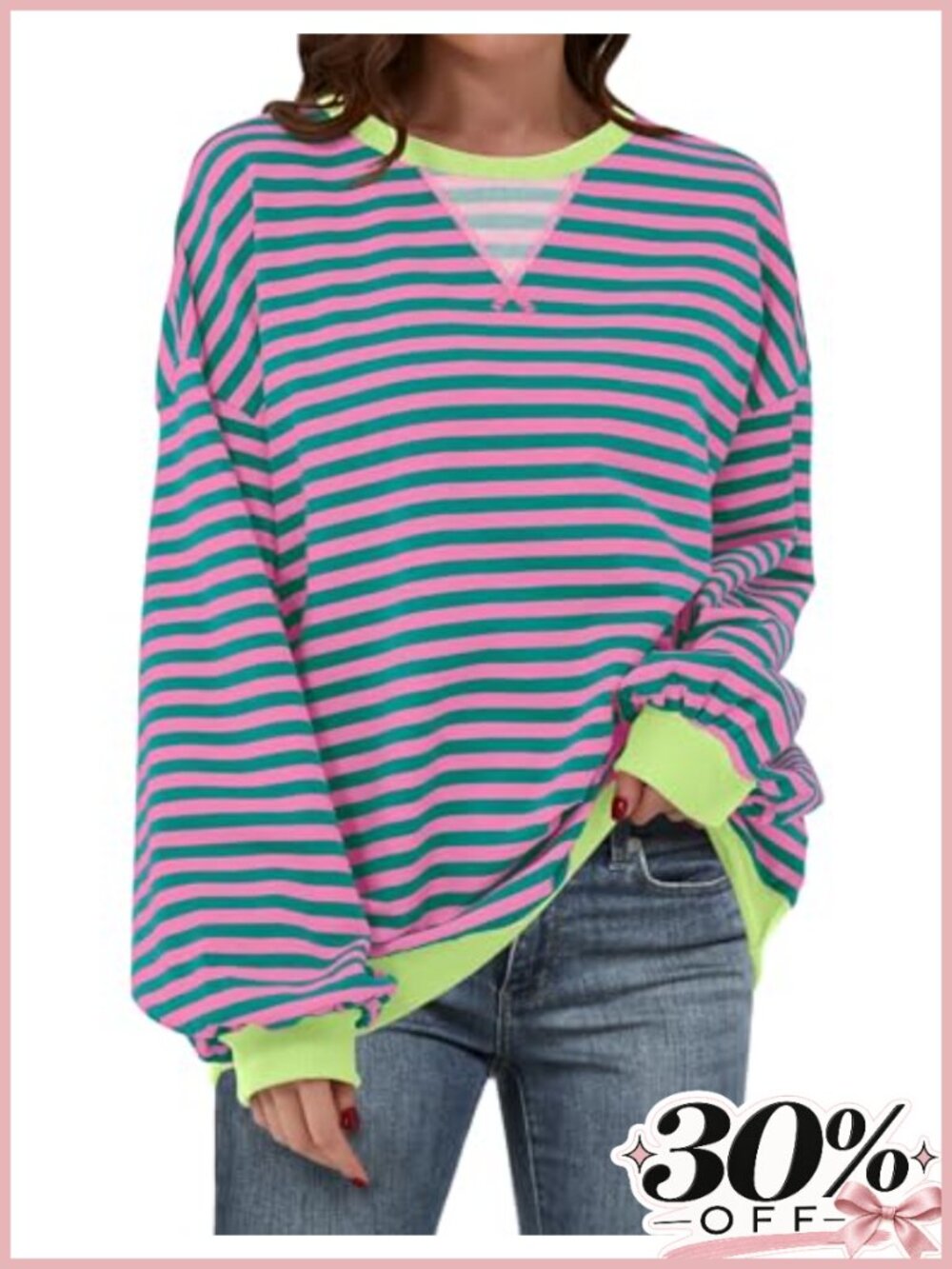 Oversized Striped Crew Neck Sweatshirt Pullover Ribbed Cuffs Casual